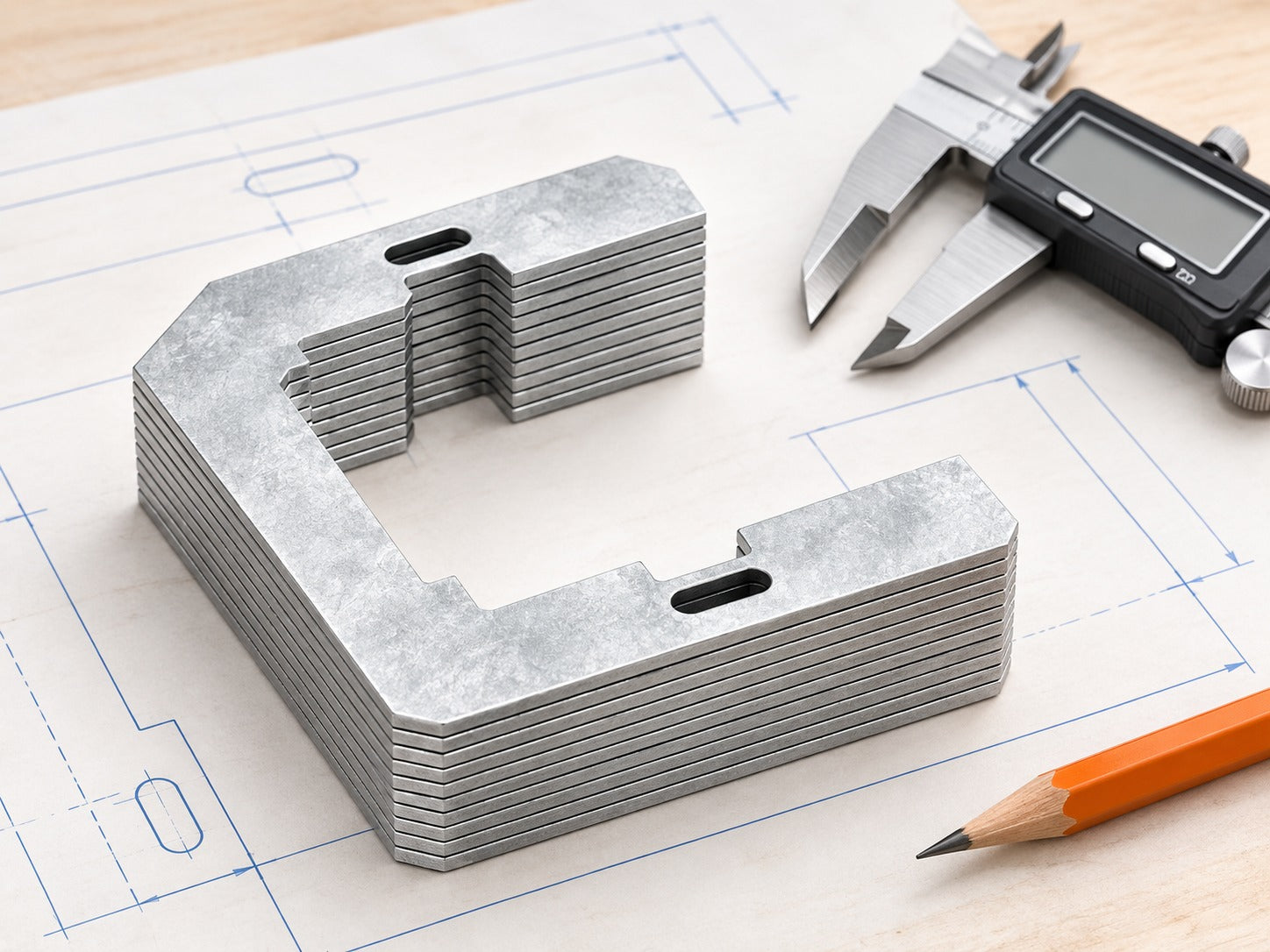 Close-up of the metal wall plate spacer shape, slots, and layered thickness