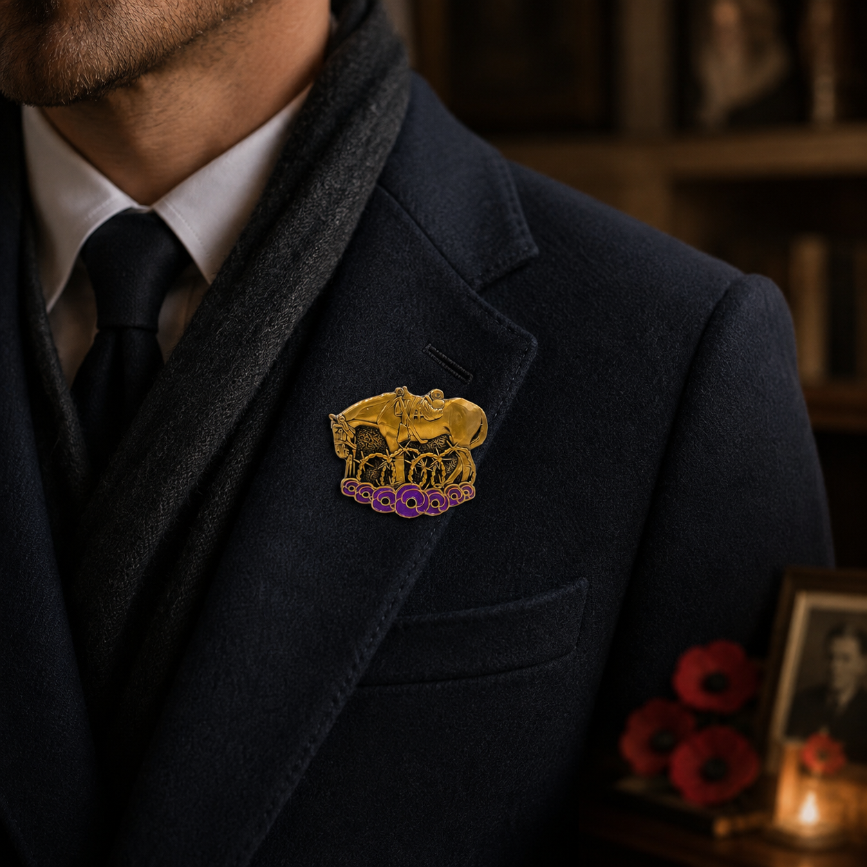 War Horse Remembered Brooch worn on a dark formal coat