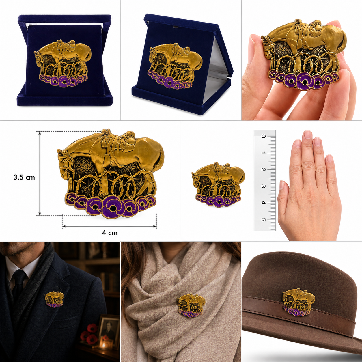 War Horse Remembered Brooch size, presentation and styling examples