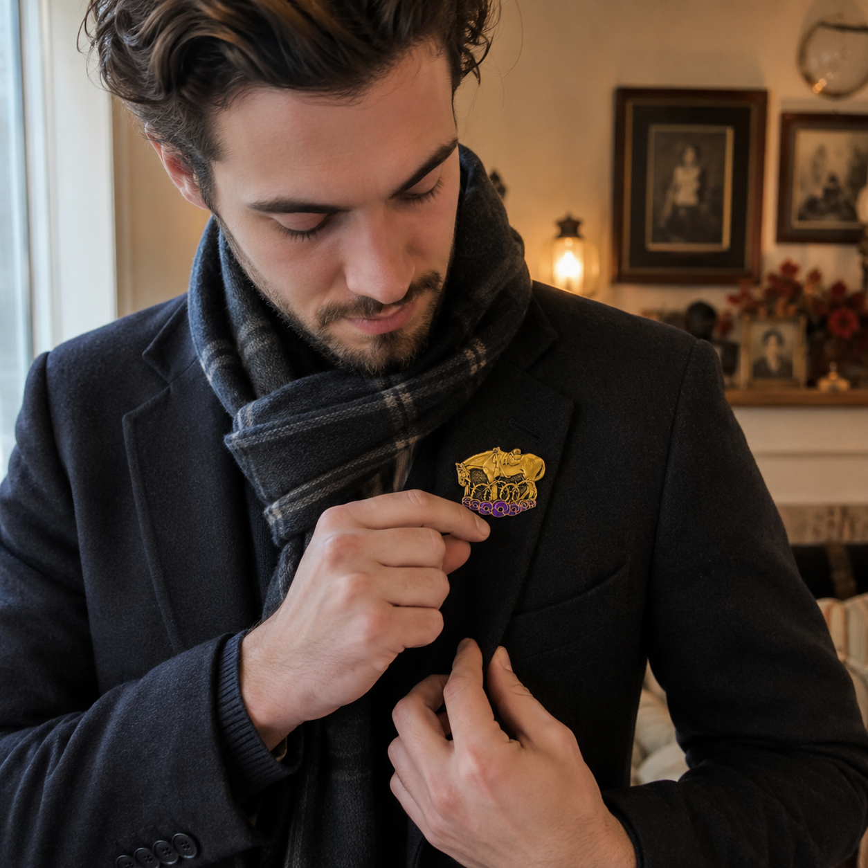 Man fastening the War Horse Remembered Brooch to a coat lapel